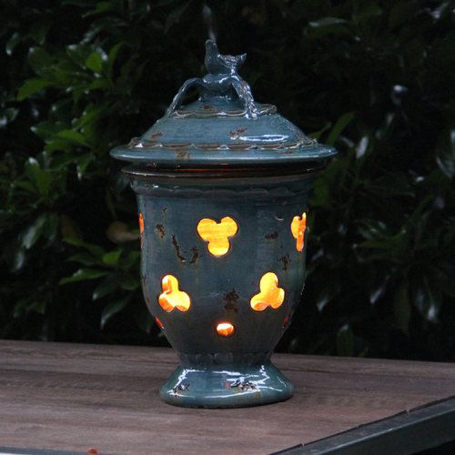 Aged Blue Lagoon Candle Holder with Bird Cover - D30cm x H47cm