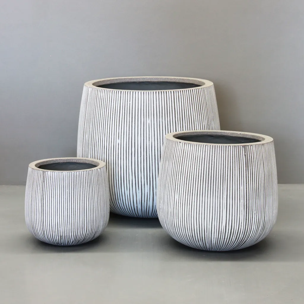 [PRR01s/3-WT] White Vertical Stripe Sack Pot (Set of 3 - 54.5, 40 & 28.5cm)