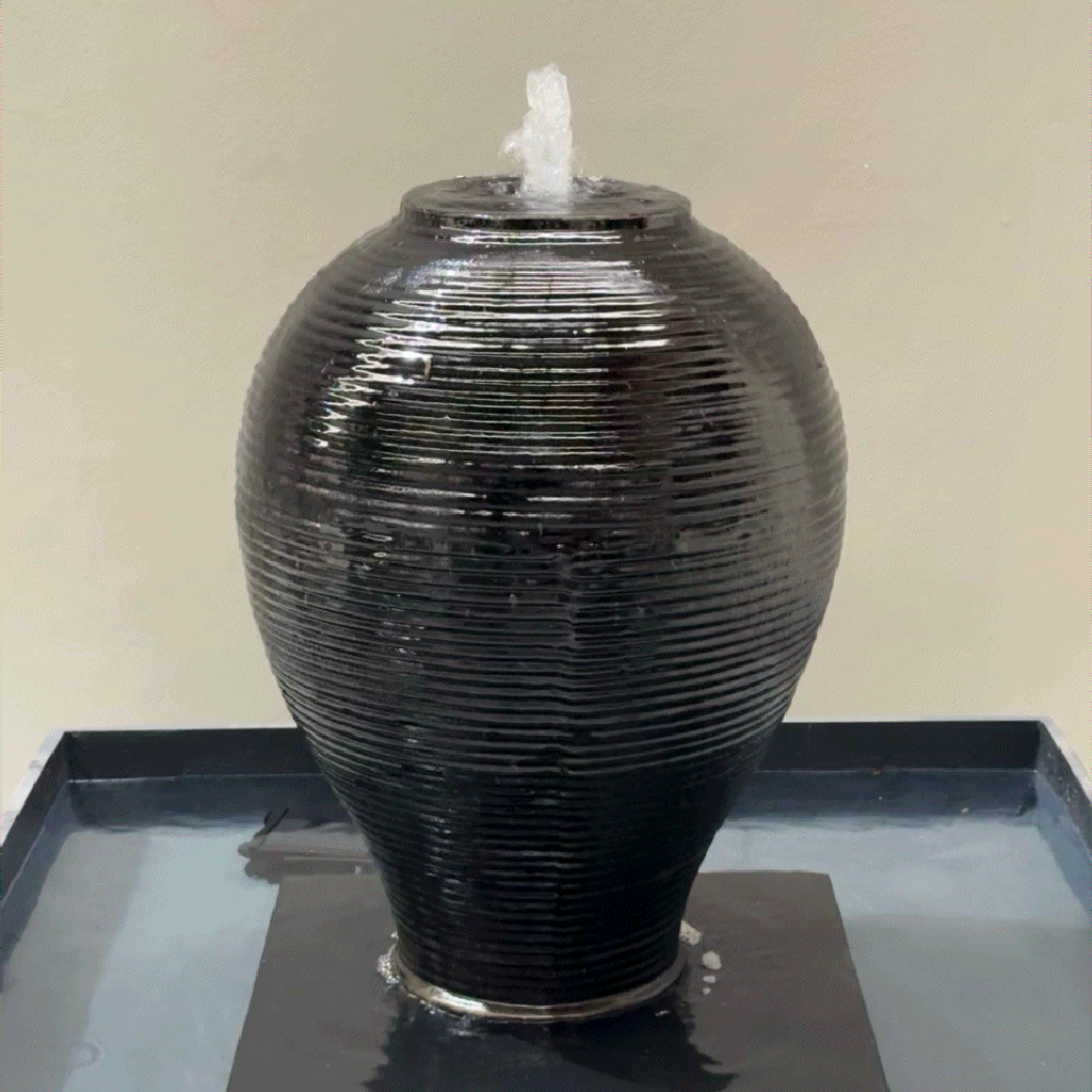 Black Ribbed Egg Jar Water Feature with pipe  D48cm x H68cm